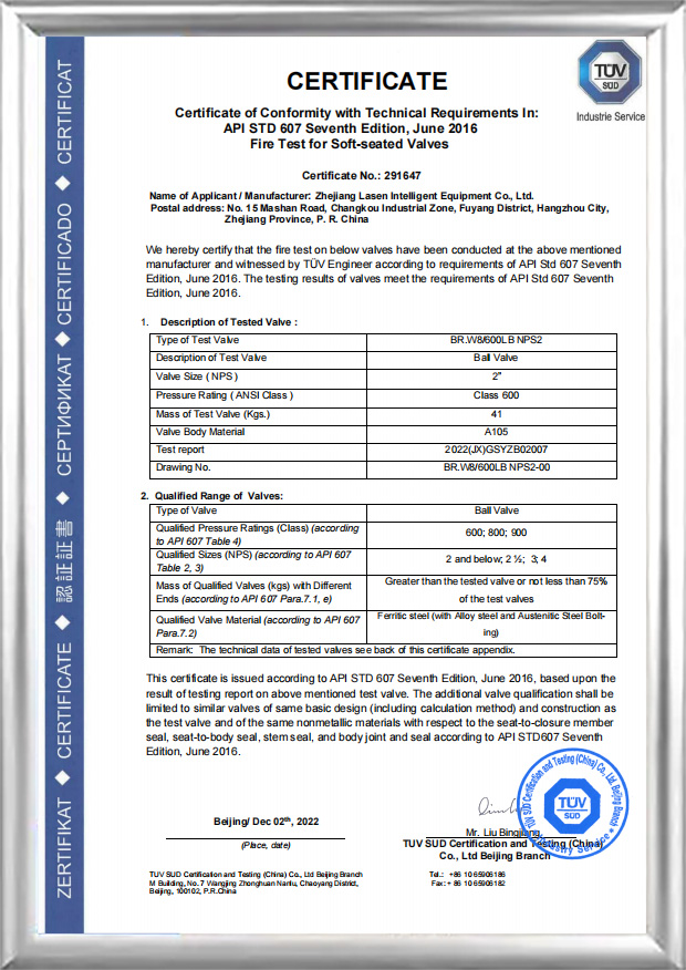 API 607 ​​protupožarni certifikat (BR.W8/600 LB NPS2)